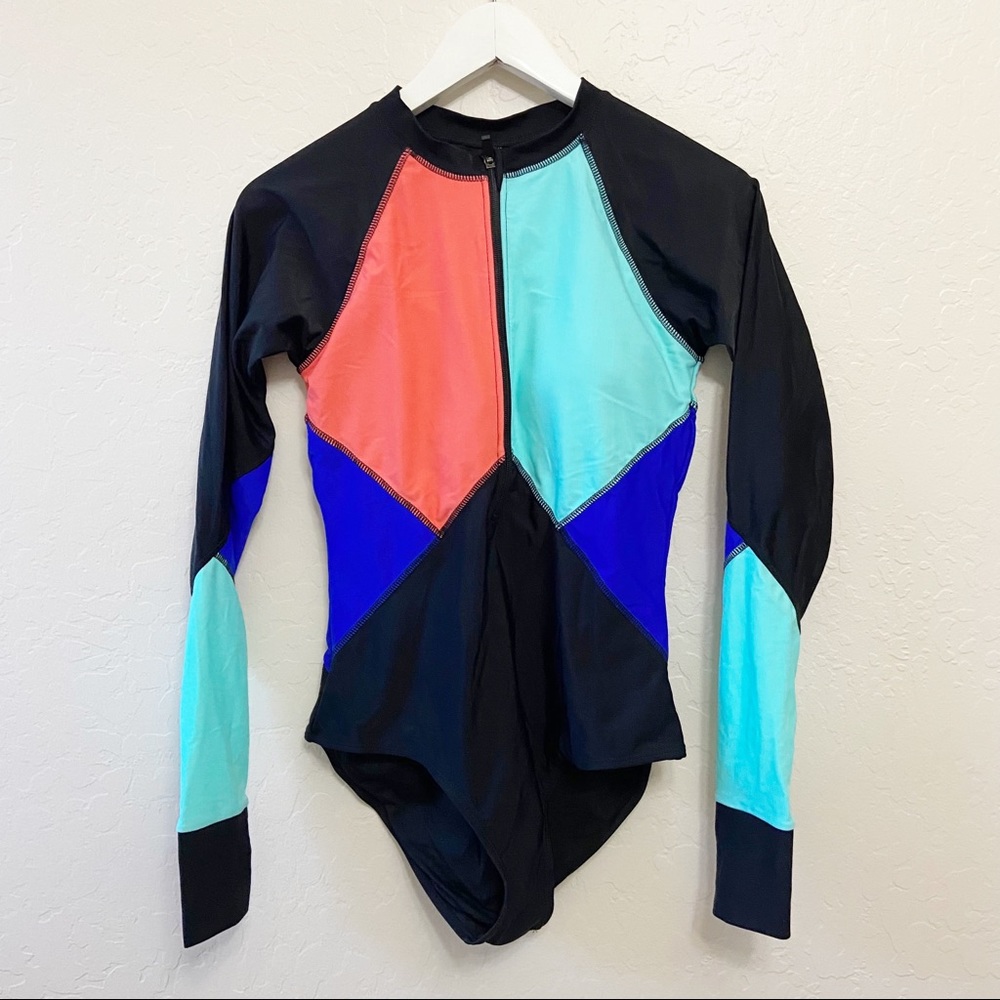 Roxy Color block Long Sleeve One Piece Swimsuit Medium M Zip Up